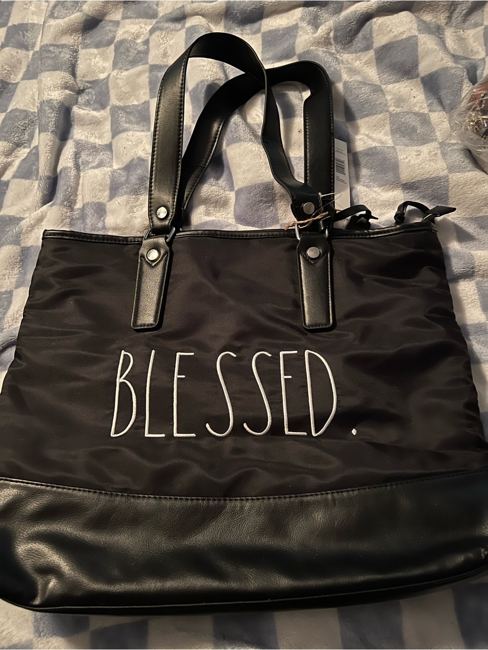 Rae Dunn Black "BLESSED." Tote Bag with Faux Leather Trim
